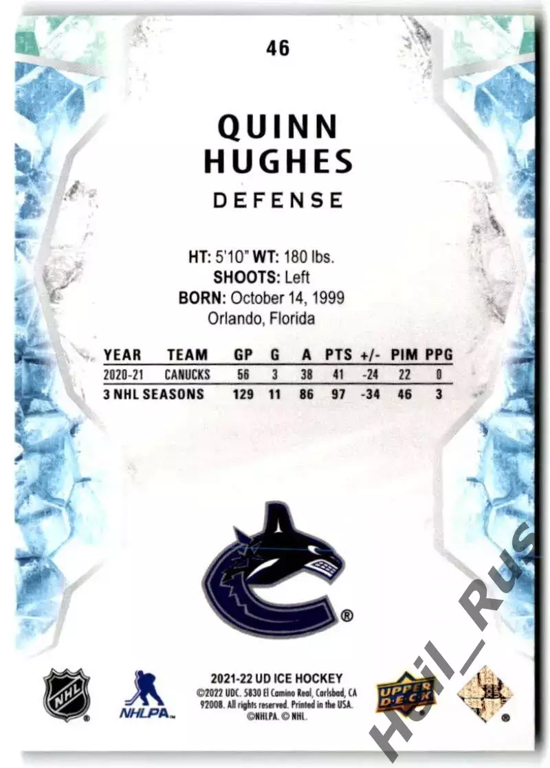 Хоккей; Карточка Quinn Hughes/Куинн Хьюз (Vancouver Canucks/Ванкувер) НХЛ/NHL 1
