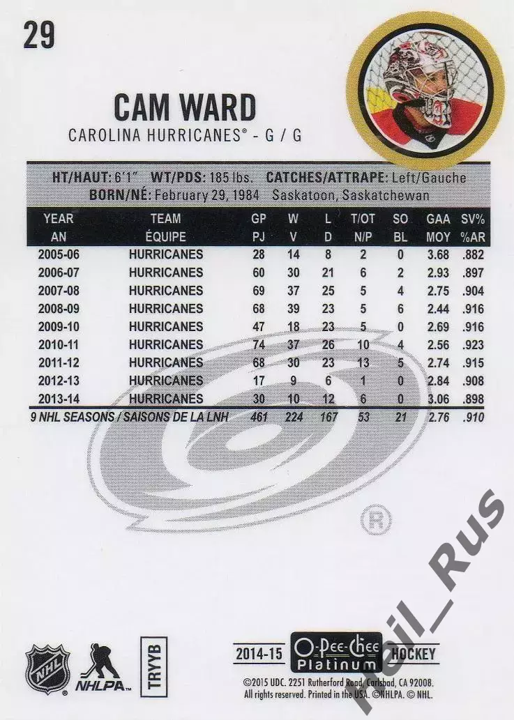 Карточка Cam Ward / Кэм Уорд (Carolina Hurricanes / Каролина Харрикейнз) НХЛ/NHL 1
