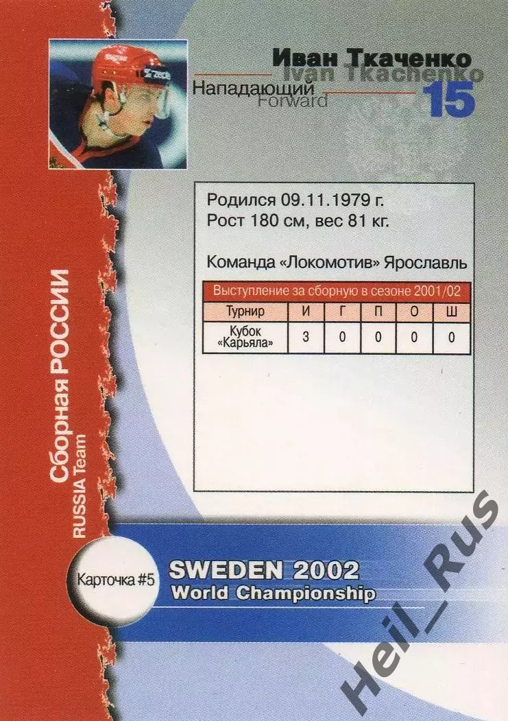 Карточка Иван Ткаченко Россия/Локомотив Ярославль/Нефтехимик Чемпионат Мира 2002 1