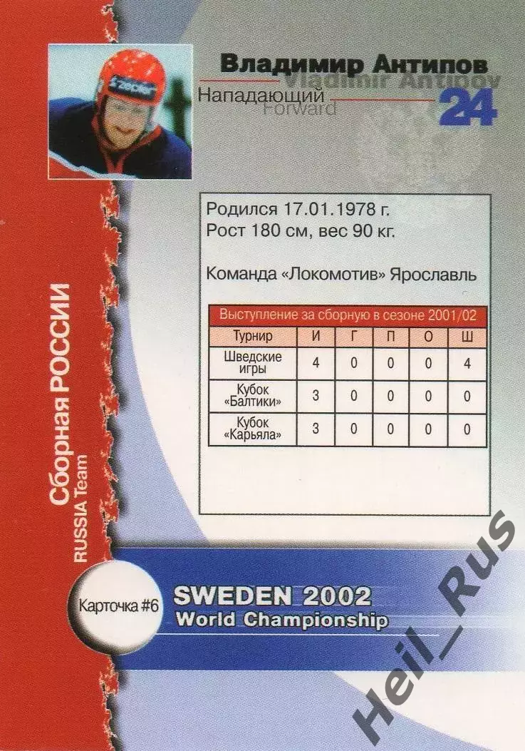 Карточка Владимир Антипов Россия/Локомотив Ярославль/Трактор Чемпионат Мира 2002 1