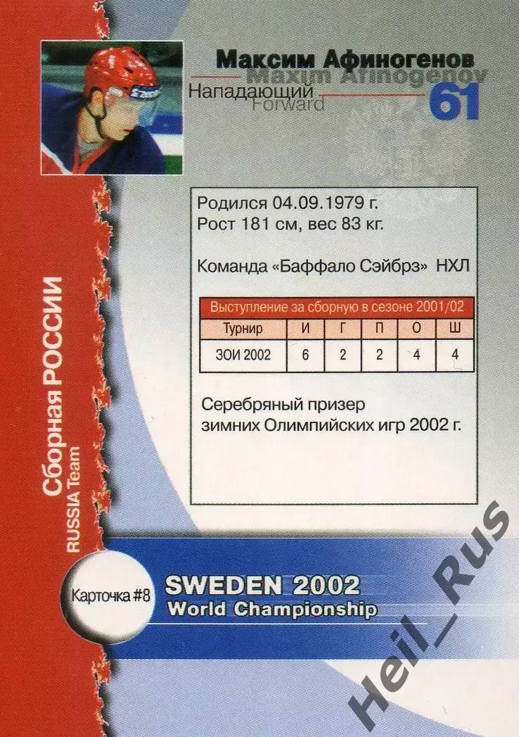 Карточка Максим Афиногенов Россия, Витязь/СКА/Динамо Москва Чемпионат Мира 2002 1