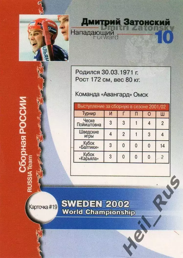 Карточка Дмитрий Затонский Россия, Авангард Омск/Сибирь/Лада Чемпионат Мира 2002 1