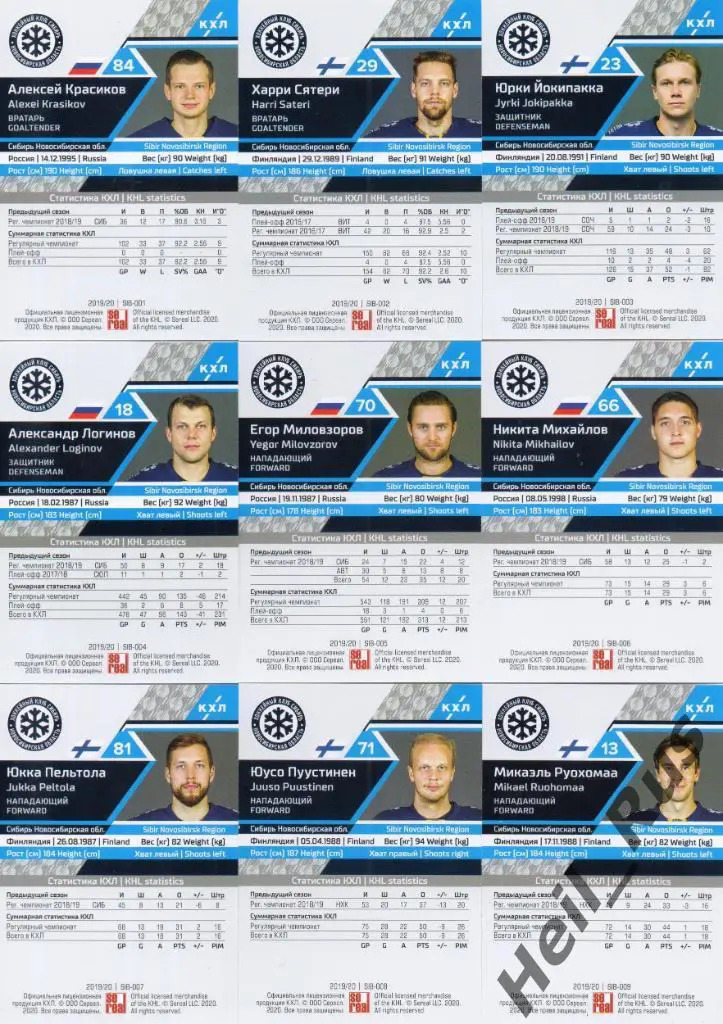 Хоккей. Сибирь Новосибирск 9 карточек КХЛ сезон 2019/20 (Красиков, Сятери и др.) 1