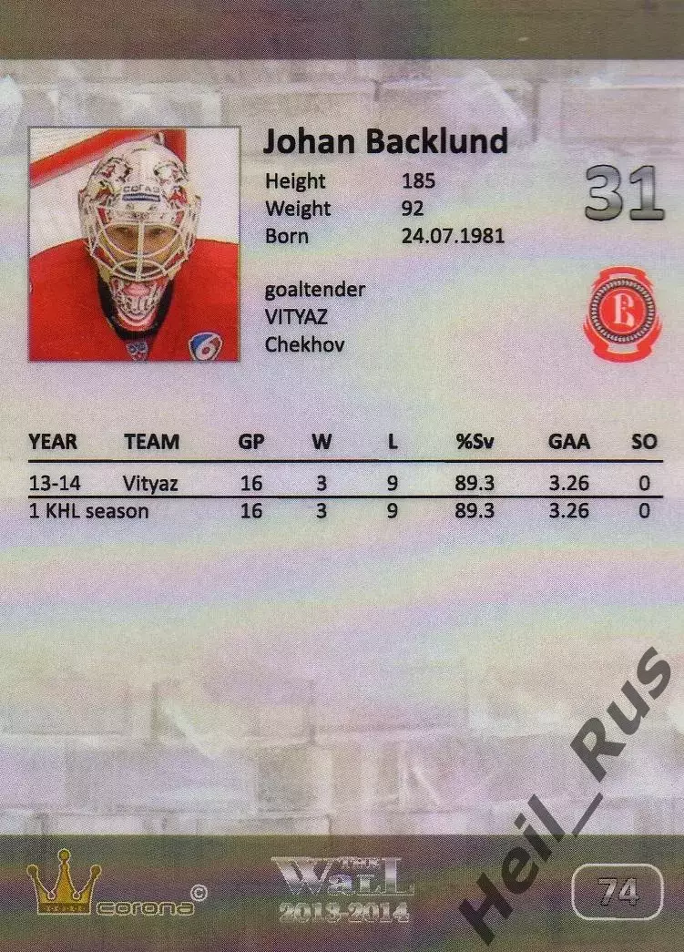 Хоккей. Карточка вратарь Юхан Баклунд Витязь Чехов, Швеция КХЛ/KHL сезон 2013/14 1