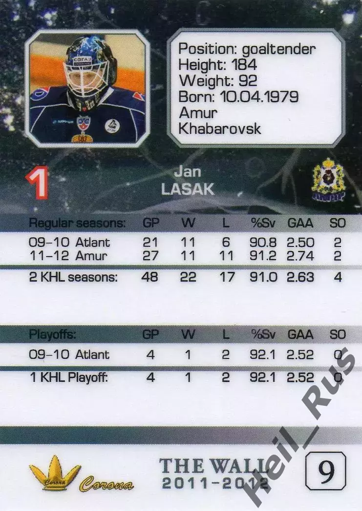 Хоккей. Карточка вратарь Ян Лашак Амур Хабаровск, Словакия КХЛ/KHL сезон 2011/12 1
