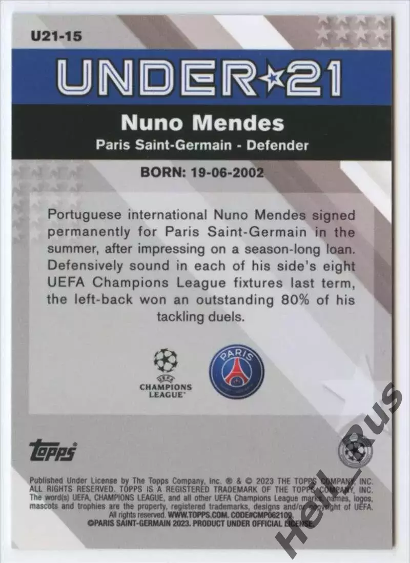 Футбол. Карточка Нуну Мендеш (Пари Сен-Жермен/ПСЖ) Лига Чемпионов 2022-23 TOPPS 1