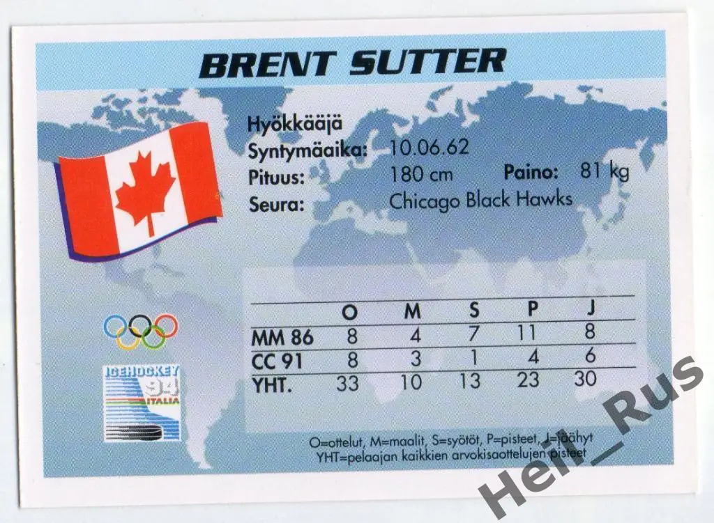 Хоккей. Карточка Brent Sutter/Брент Саттер (Канада, Chicago Blackhawks) НХЛ/NHL 1