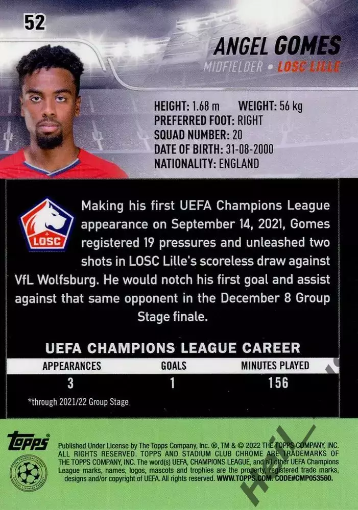 Карточка Эйнджел Гомес Лилль, Манчестер Юнайтед, Марсель Лига Чемпионов 2021-22 1