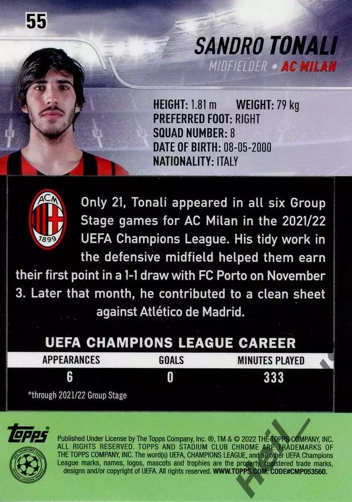 Футбол Карточка Сандро Тонали Милан/Ньюкасл Юнайтед Лига Чемпионов 2021-22 TOPPS 1