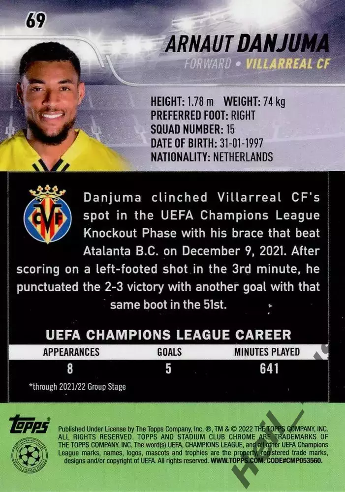 Карточка Арно Данжума Вильярреал, Эвертон/Жирона/Валенсия Лига Чемпионов 2021-22 1