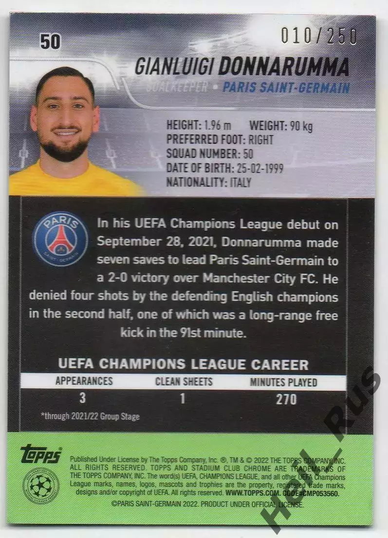 Карточка Джанлуиджи Доннарумма Пари Сен-Жермен/ПСЖ, Милан Лига Чемпионов 2021/22 1