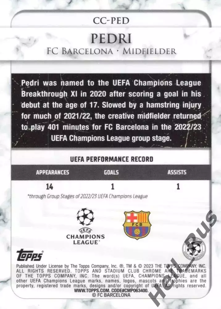 Футбол; Карточка Pedri/Педри FC Barcelona/Барселона Лига Чемпионов 2022-23 TOPPS 1