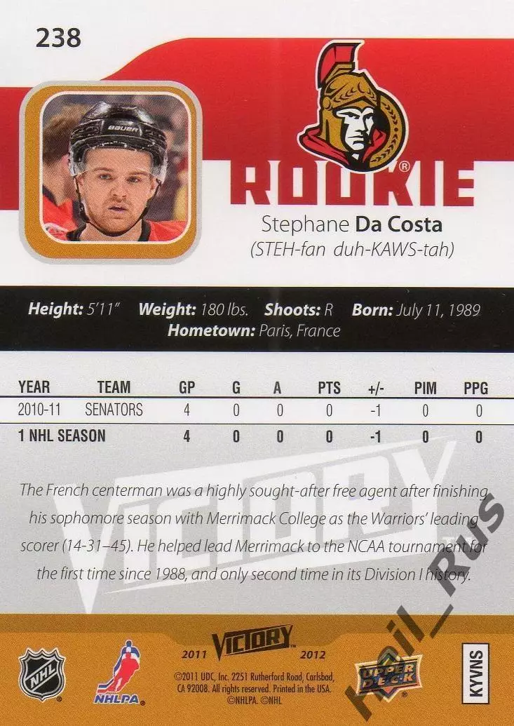 Карточка Стефан Да Коста Ottawa Senators/Оттава, ЦСКА, Автомобилист НХЛ/NHL, КХЛ 1