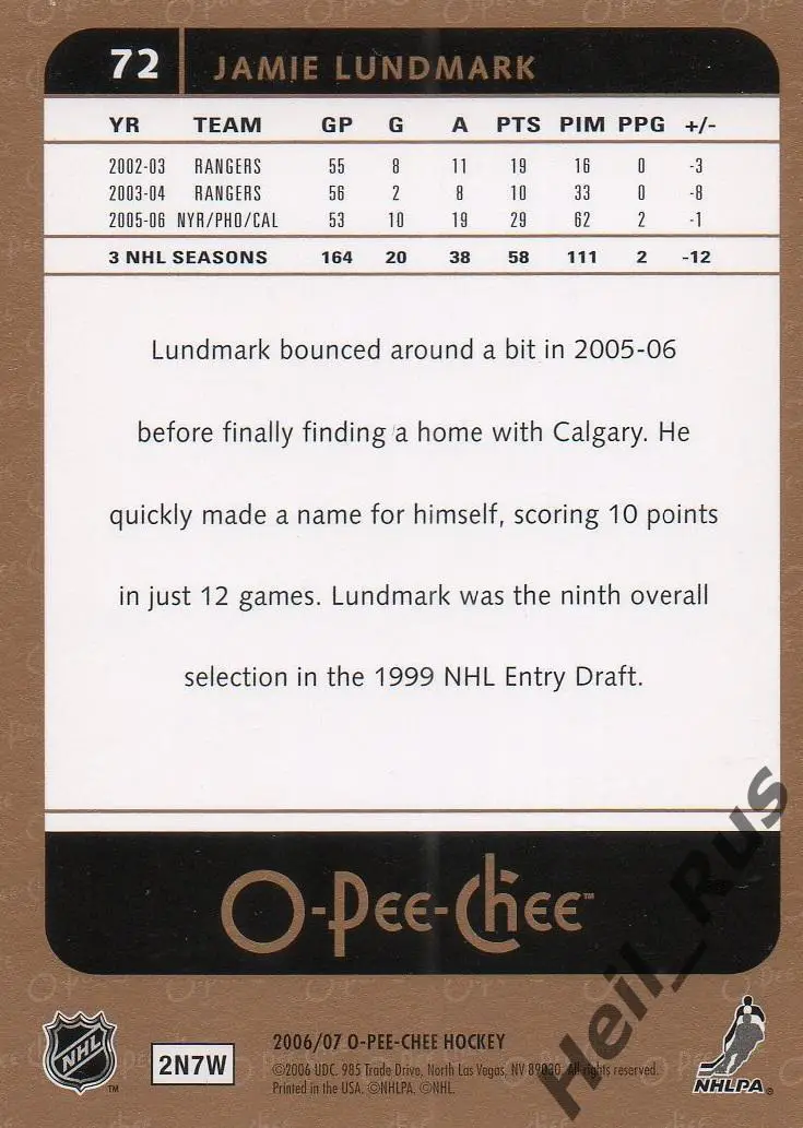 Хоккей. Карточка Джейми Лундмарк (Calgary Flames/Калгари, Динамо Москва) НХЛ/NHL 1