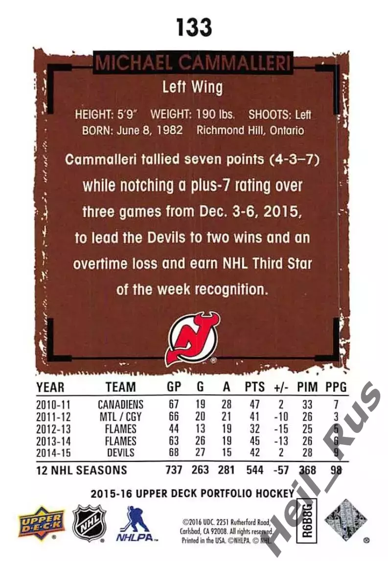 Карточка Cammalleri/Майк Каммаллери New Jersey Devils/Нью-Джерси Девилз НХЛ/NHL 1