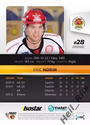 Хоккей. Карточка Eric Norin/Эрик Норин (Almtuna IS/Альмтуна) 2012/13 1