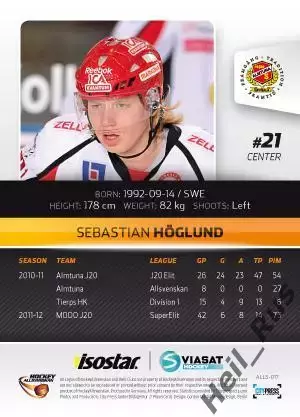 Хоккей. Карточка Sebastian Hoglund/Себастьян Хеглунд Almtuna IS/Альмтуна 2012/13 1