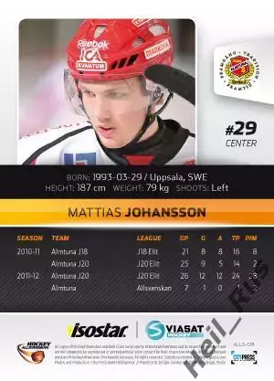 Хоккей. Карточка Mattias Johansson/Маттиас Юханссон Almtuna IS/Альмтуна 2012/13 1