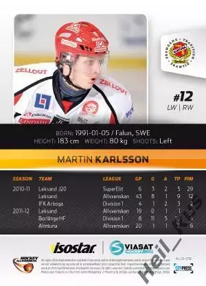 Хоккей. Карточка Martin Karlsson/Мартин Карлссон (Almtuna IS/Альмтуна) 2012/13 1