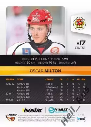 Хоккей. Карточка Oscar Milton/Оскар Мильтон (Almtuna IS/Альмтуна) 2012/13 1