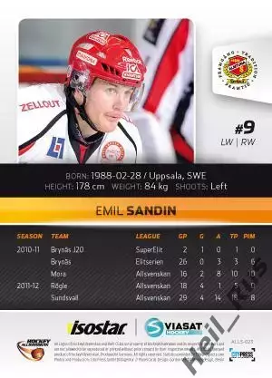 Хоккей. Карточка Emil Sandin/Эмиль Сандин (Almtuna IS/Альмтуна) 2012/13 1