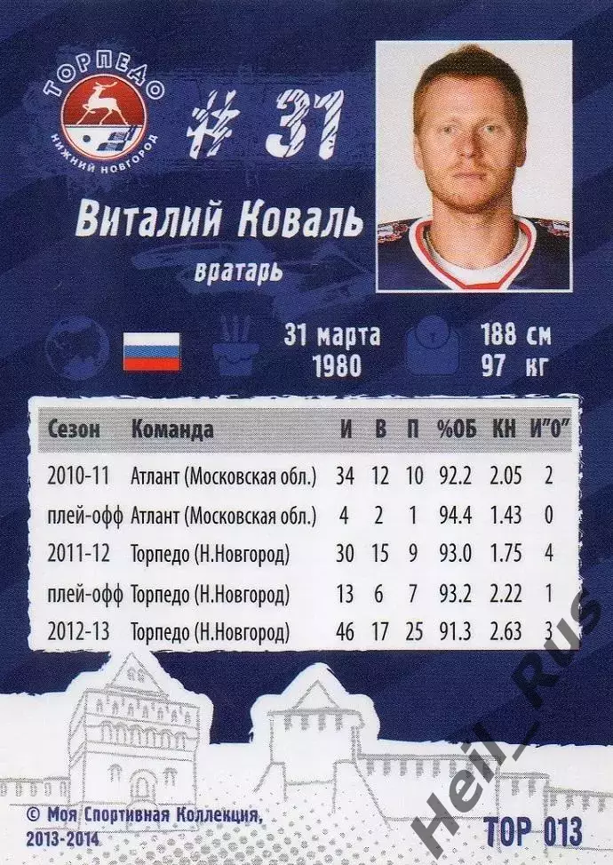 Хоккей. Карточка Виталий Коваль (Торпедо Нижний Новгород) КХЛ/KHL сезон 2013/14 1