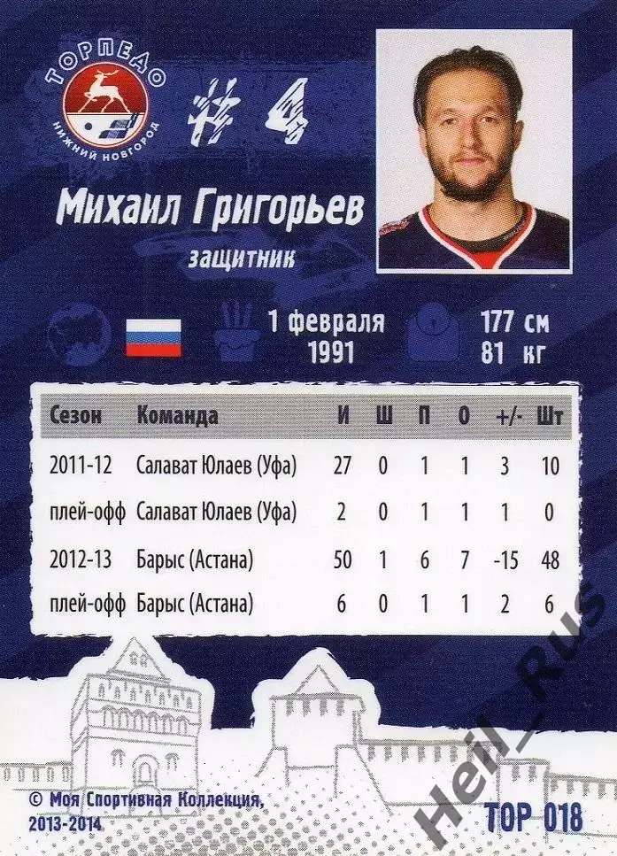 Хоккей. Карточка Михаил Григорьев Торпедо Нижний Новгород КХЛ/KHL сезон 2013/14 1