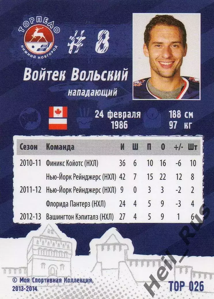 Хоккей. Карточка Войтек Вольский (Торпедо Нижний Новгород) КХЛ/KHL сезон 2013/14 1