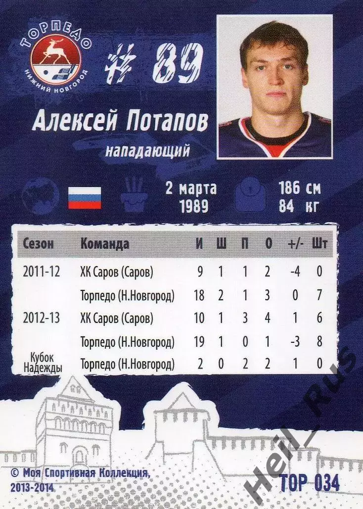 Хоккей. Карточка Алексей Потапов (Торпедо Нижний Новгород) КХЛ/KHL сезон 2013/14 1