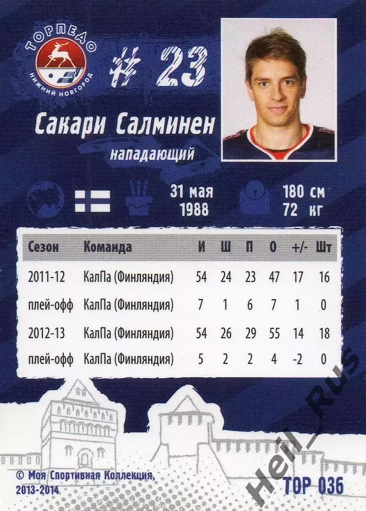 Хоккей. Карточка Сакари Салминен (Торпедо Нижний Новгород) КХЛ/KHL сезон 2013/14 1