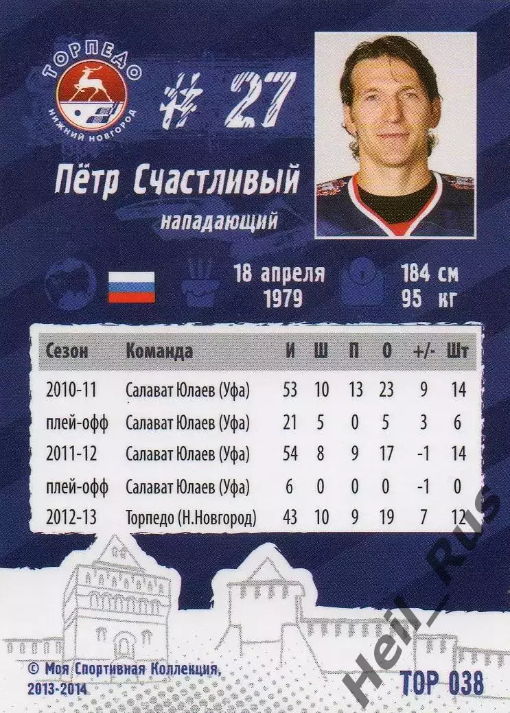 Хоккей. Карточка Петр Счастливый (Торпедо Нижний Новгород) КХЛ/KHL сезон 2013/14 1
