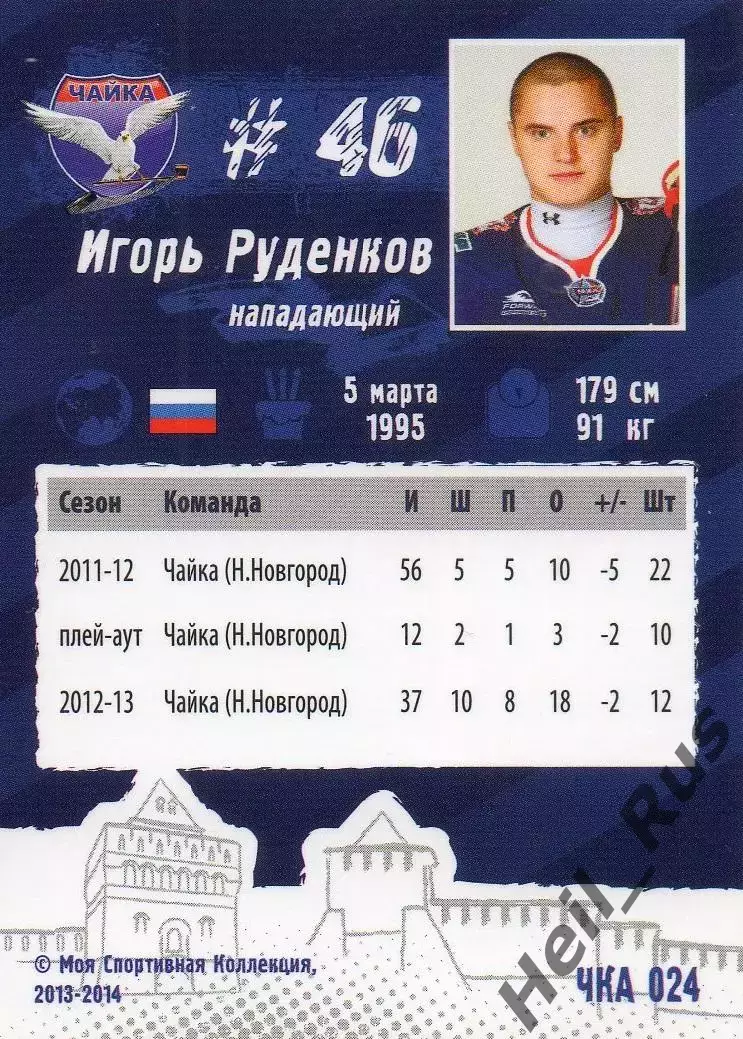 Карточка Игорь Руденков Чайка/Торпедо Нижний Новгород МХЛ/КХЛ/KHL сезон 2013/14 1