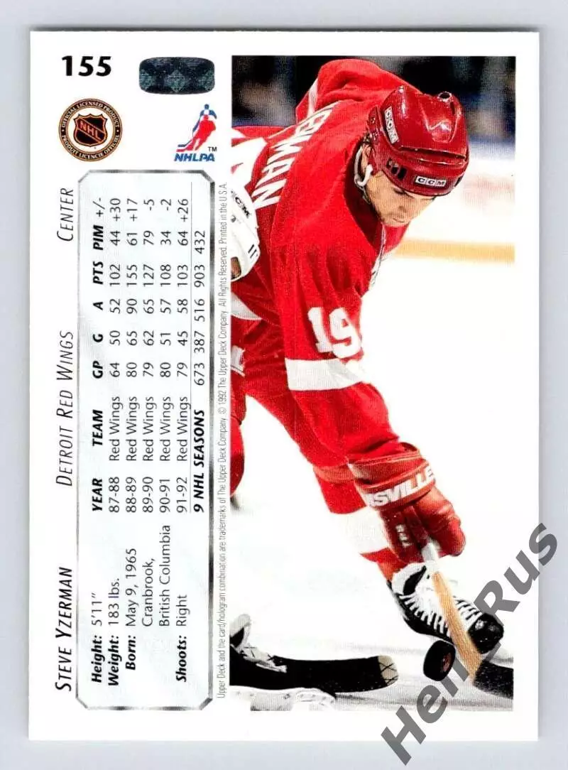 Карточка Steve Yzerman/Стив Айзерман Detroit Red Wings/Детройт Ред Уингз NHL/НХЛ 1