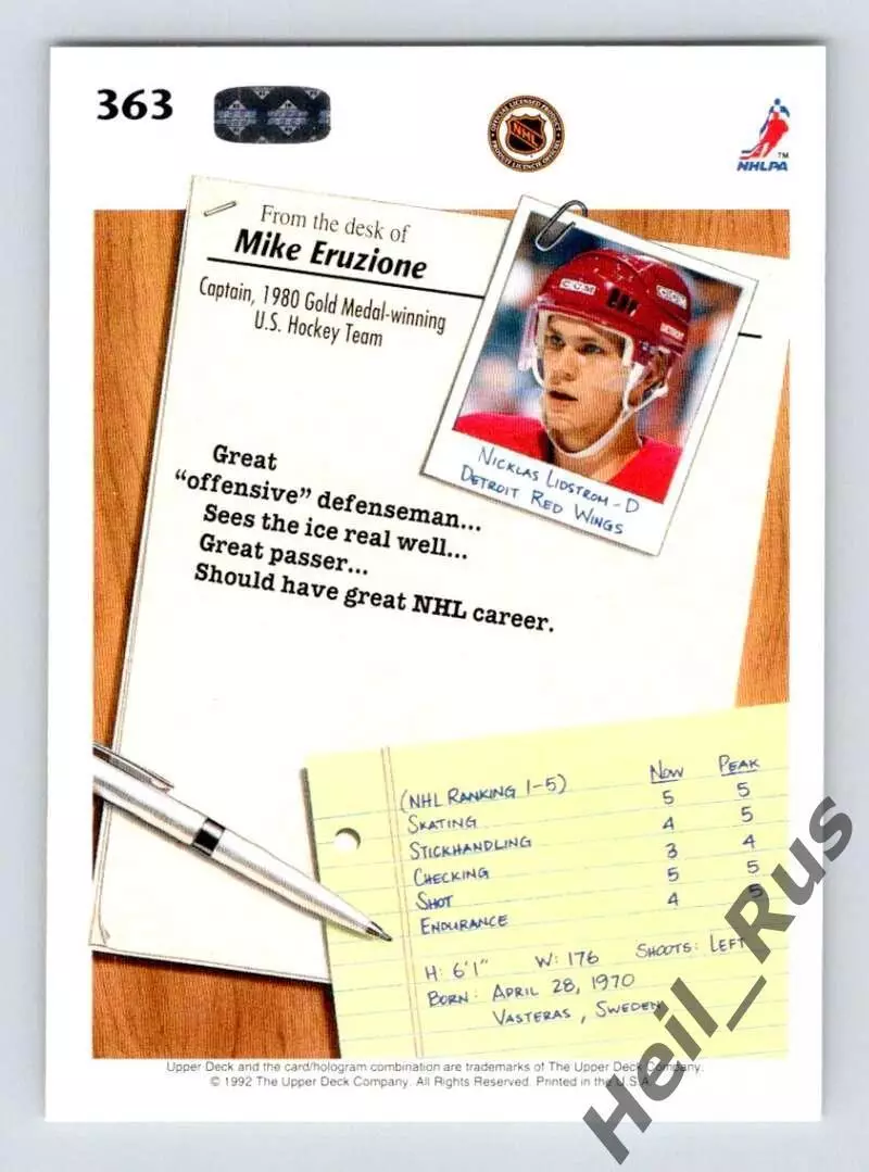 Карточка Nicklas Lidstrom/Никлас Лидстрем (Detroit Red Wings/Детройт) НХЛ / NHL 1