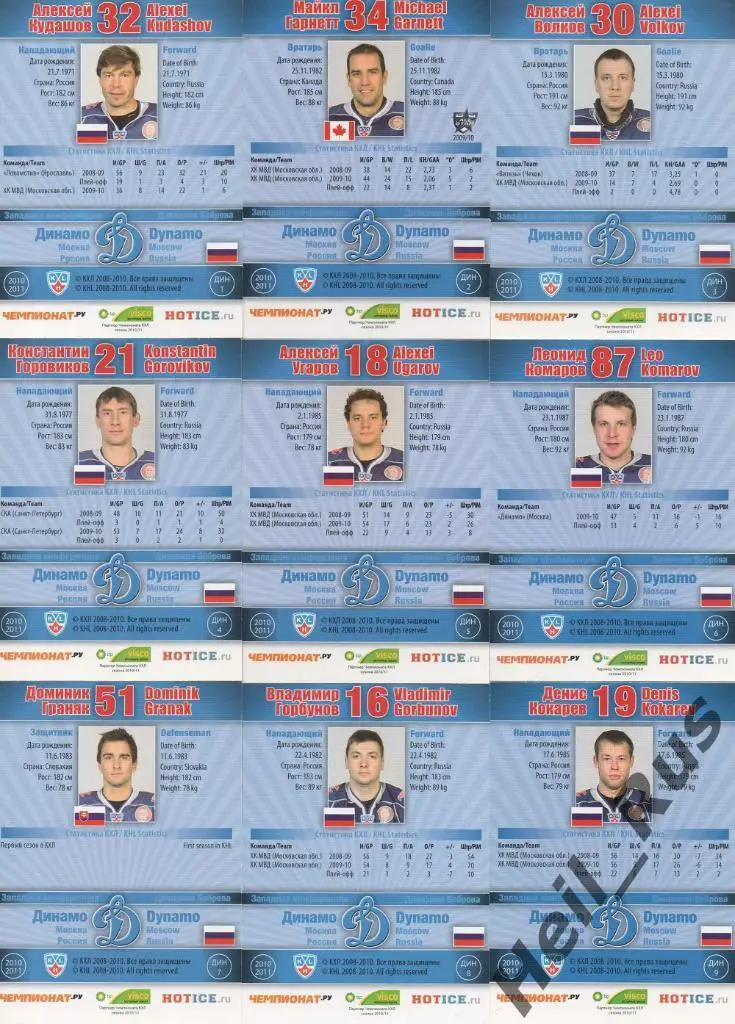 Хоккей. Динамо Москва 25 карточек 2010/11 SeReal КХЛ Кудашов, Комаров, Горовиков 1