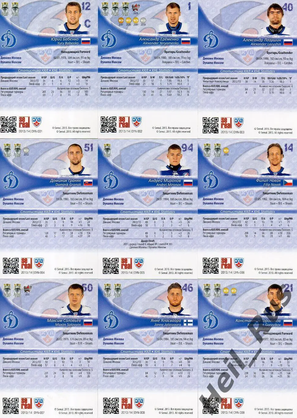 Хоккей Динамо Москва 18 карточек КХЛ/KHL сезона 2013/14 SeReal Бабенко, Еременко 1