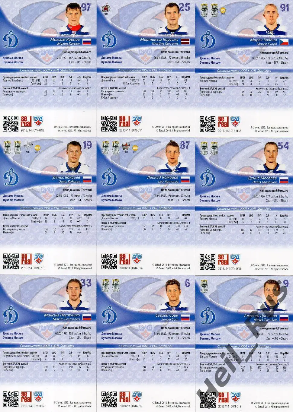 Хоккей Динамо Москва 18 карточек КХЛ/KHL сезона 2013/14 SeReal Бабенко, Еременко 3