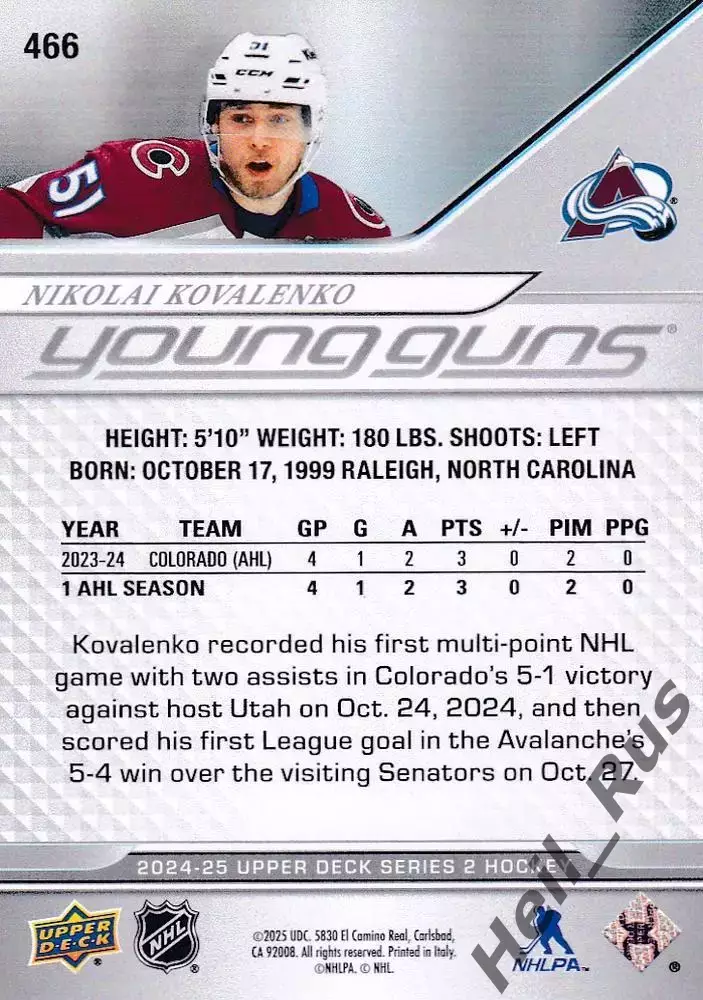 Карточка Николай Коваленко Колорадо Эвеланш/ЦСКА/Локомотив Ярославль НХЛ/NHL/КХЛ 1