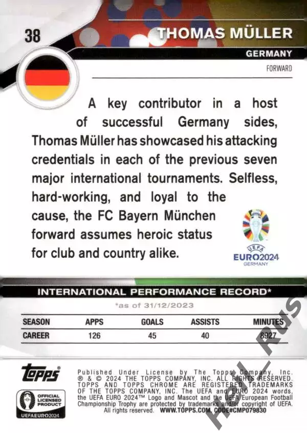 Футбол. Карточка Томас Мюллер (Германия, Бавария Мюнхен) Euro/Евро 2024 TOPPS 1