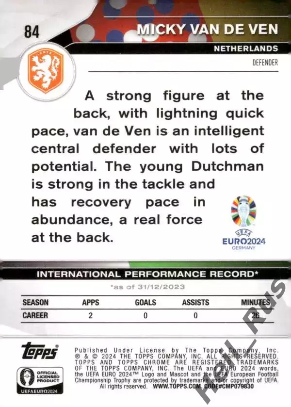 Карточка Микки ван де Вен Нидерланды/Тоттенхэм Хотспур/Вольфсбург Euro/Евро 2024 1
