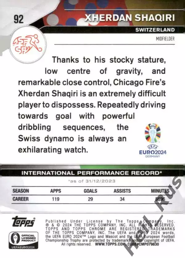Карточка Джердан Шакири Швейцария, Бавария/Ливерпуль/Интер Euro/Евро 2024 TOPPS 1