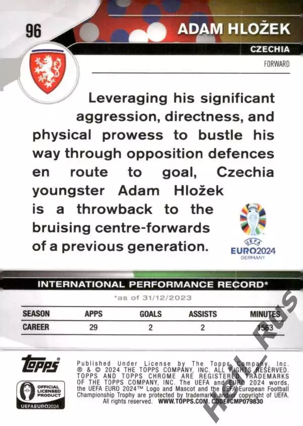 Карточка Адам Гложек Чехия/Спарта Прага/Хоффенхайм/Байер 04 Euro/Евро 2024 TOPPS 1