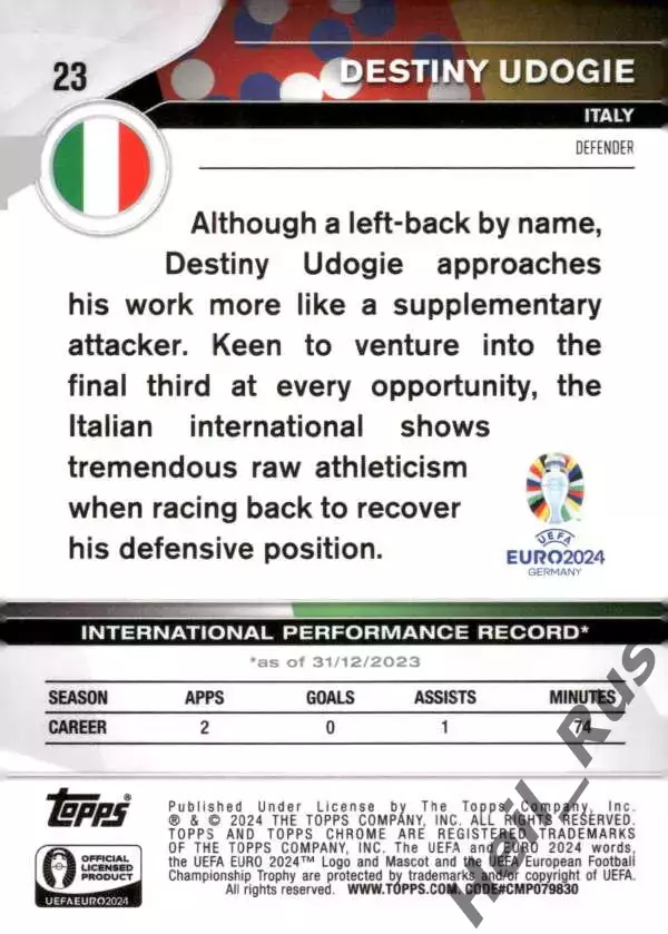Футбол. Карточка Дестини Удоджи Италия, Тоттенхэм Хотспур/Удинезе Euro/Евро 2024 1