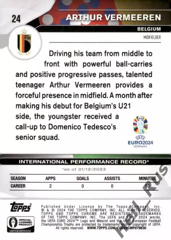 Футбол Карточка Артур Вермерен Бельгия/Атлетико Мадрид/РБ Лейпциг Euro/Евро 2024 1