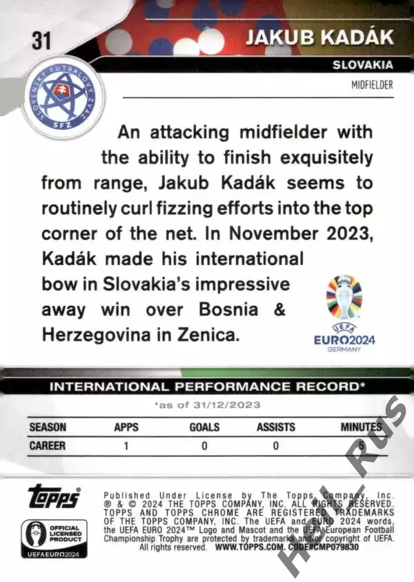 Карточка Jakub Kadak/Якуб Кадак Словакия, Тренчин, Люцерн, Дукла Euro/Евро 2024 1