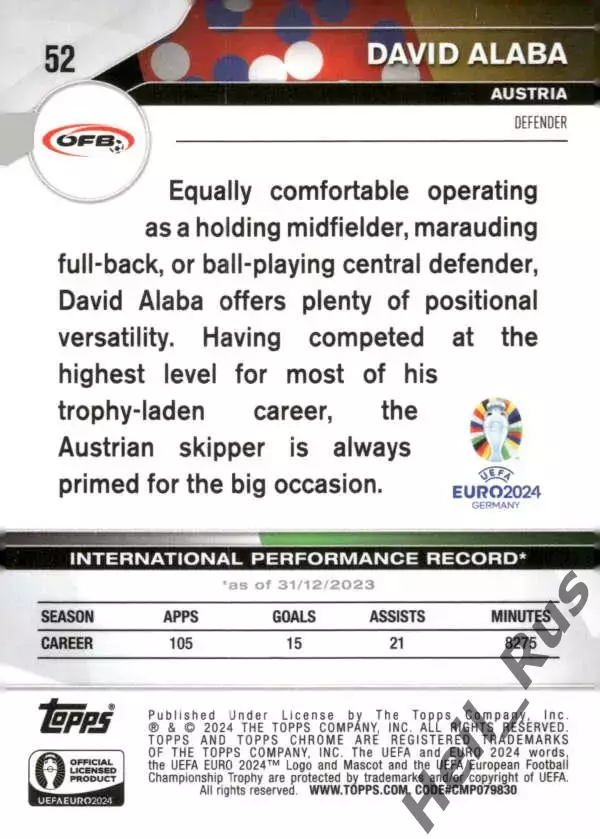 Футбол. Карточка Давид Алаба Австрия, Реал Мадрид, Бавария Euro/Евро 2024 TOPPS 1