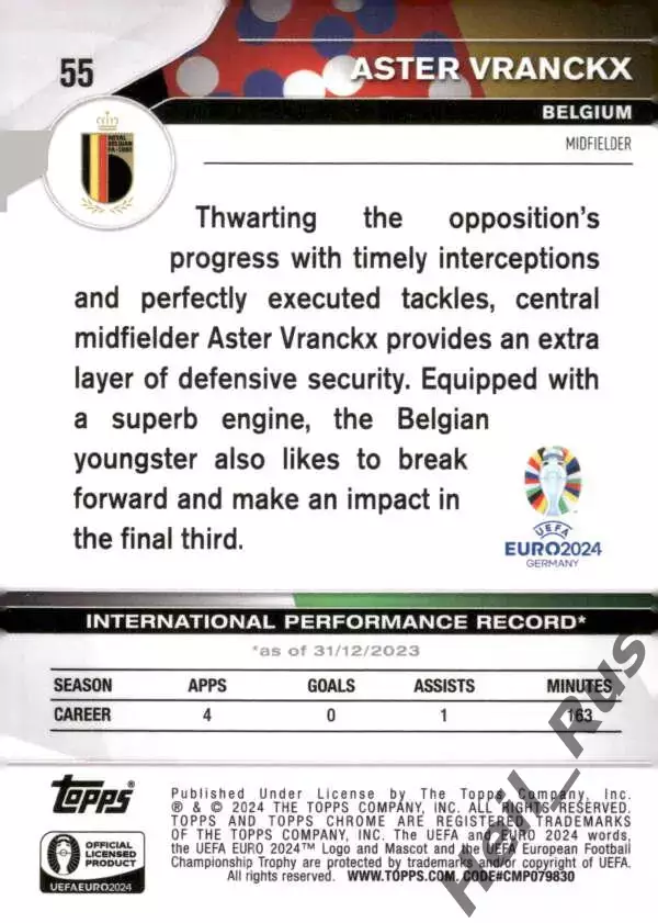 Футбол. Карточка Астер Вранкс Бельгия, Вольфсбург/Милан/Сассуоло Euro/Евро 2024 1