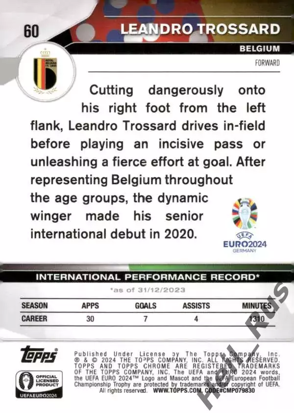 Карточка Леандро Троссард Бельгия, Брайтон энд Хоув/Арсенал Euro/Евро 2024 TOPPS 1