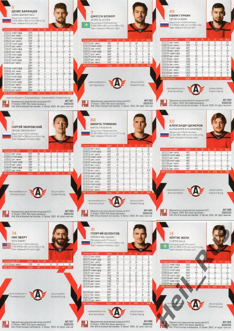 Хоккей Автомобилист Екатеринбург 18 карточек КХЛ сезон 2022/23 Голышев, Неучев + 1