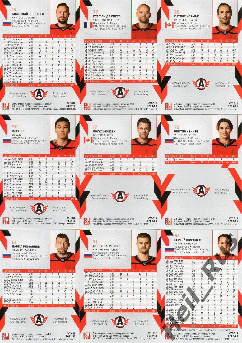 Хоккей Автомобилист Екатеринбург 18 карточек КХЛ сезон 2022/23 Голышев, Неучев + 3